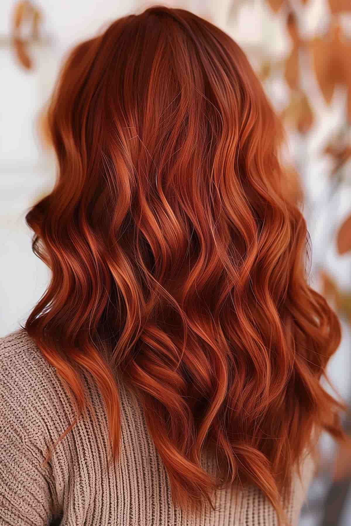 A person with long, wavy red hair, wearing a beige sweater, is facing away from the camera.